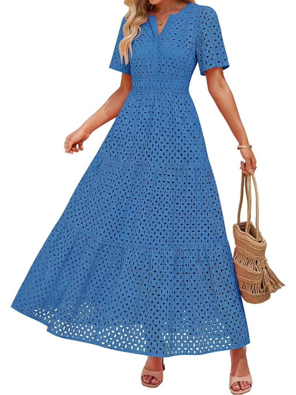 Women's Cobalt Summer Short Sleeve High Neck V Neck Eyelet A Line Maxi Dresses